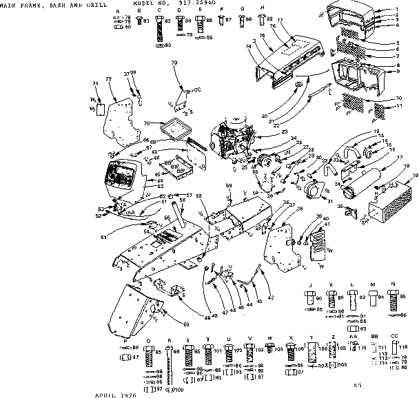 Craftsman 91725960 18 twin-garden tractor/main frame, dash and grill diagram