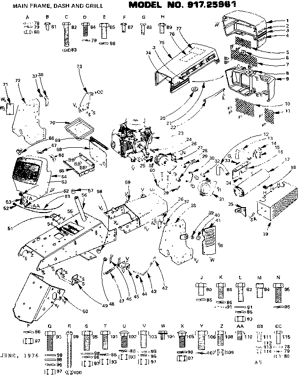 Craftsman 91725961 18 twin garden tractor/main frame, dash and grill diagram