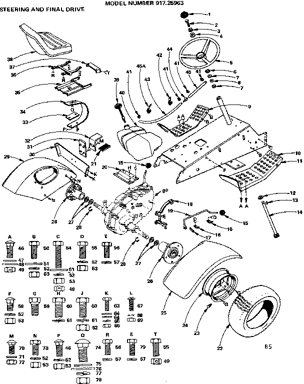 Craftsman 91725963 18 twin-garden tractor/steering, and final drive diagram