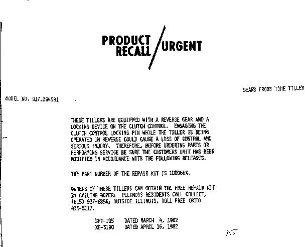 Craftsman 917294581 recall notice diagram