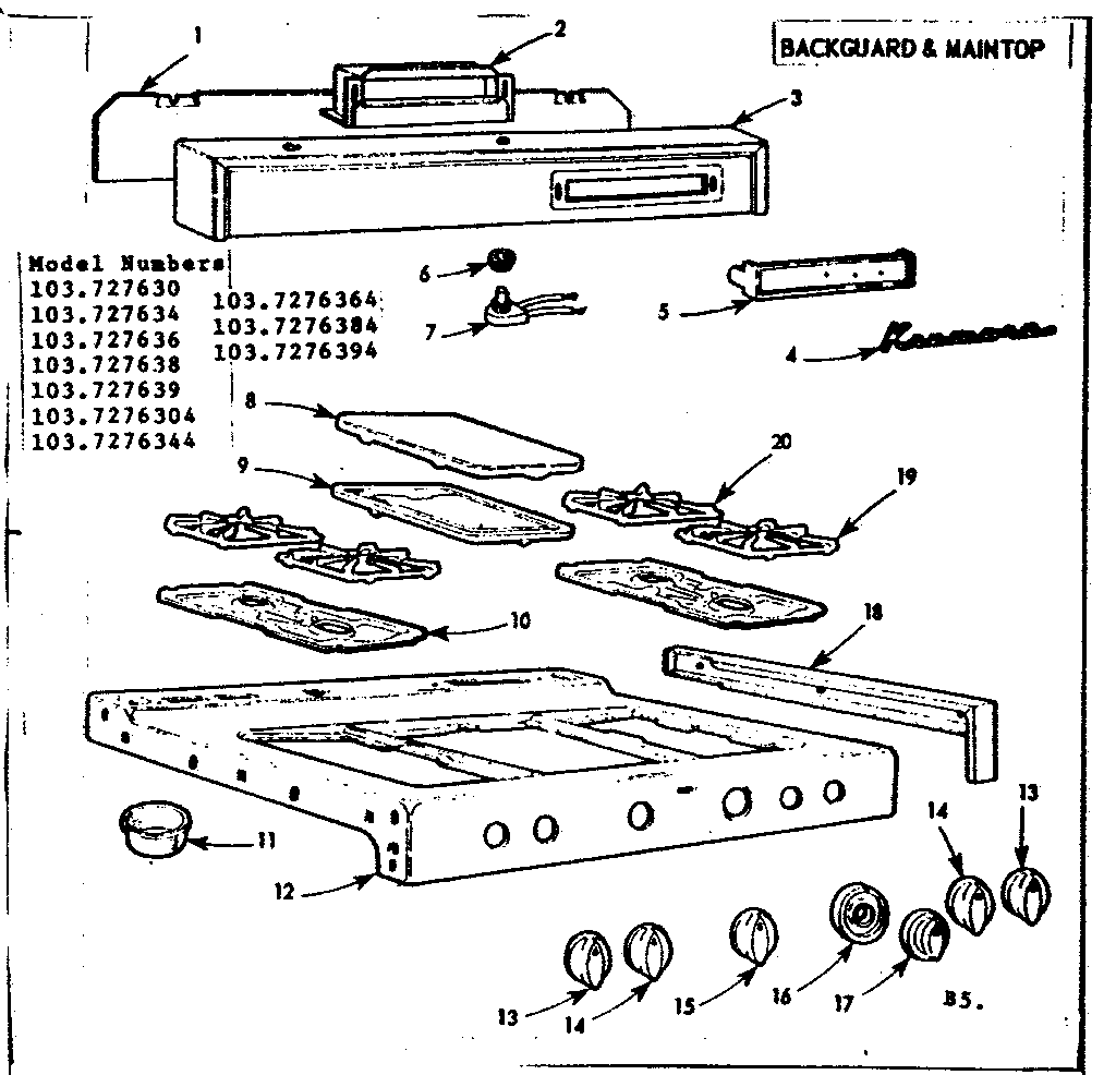 Kenmore 103727634 backguard & maintop diagram