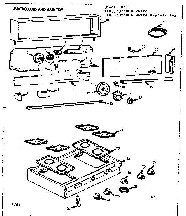 Kenmore 1037325000 backguard and maintop diagram