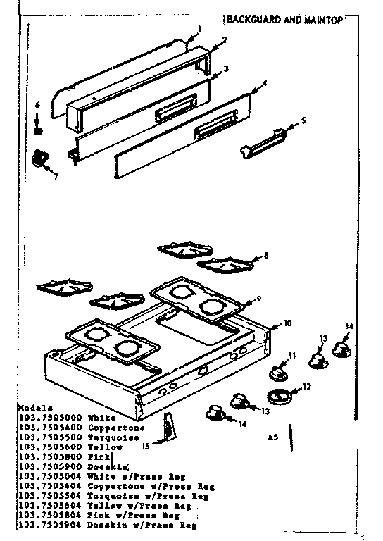 Kenmore 1037505604 backguard and maintop diagram