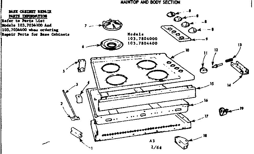 Kenmore 1037804400 maintop and body section diagram