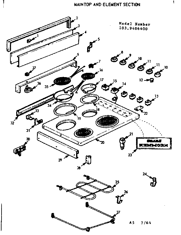 Kenmore 1039406400 maintop and element section diagram