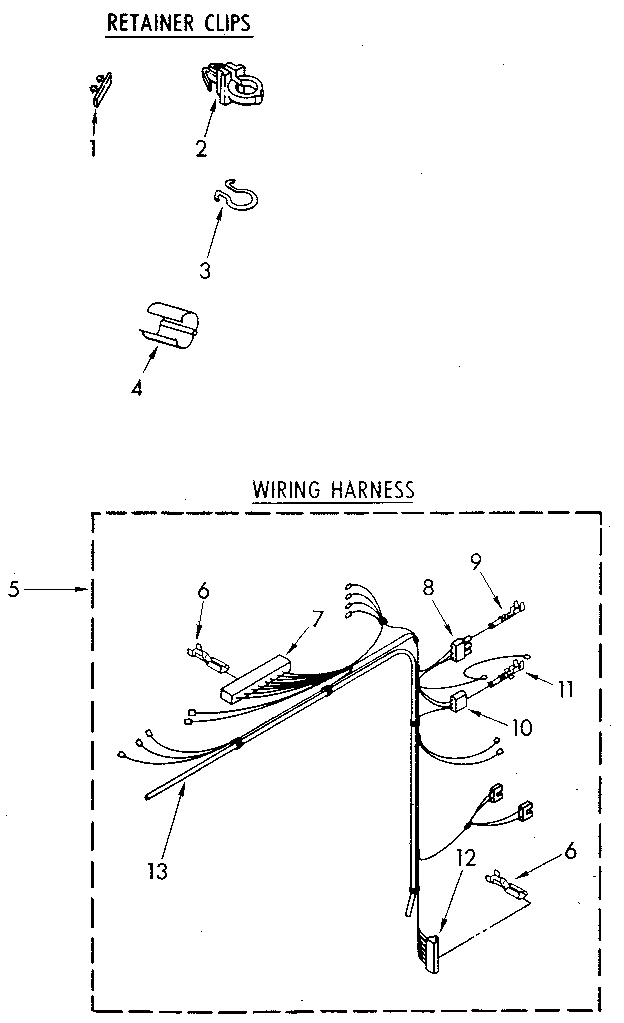 Kenmore 11082673110 retainer clips & wiring harness diagram