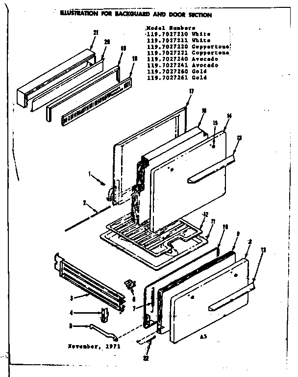 Kenmore 1197027221 backguard and door section diagram