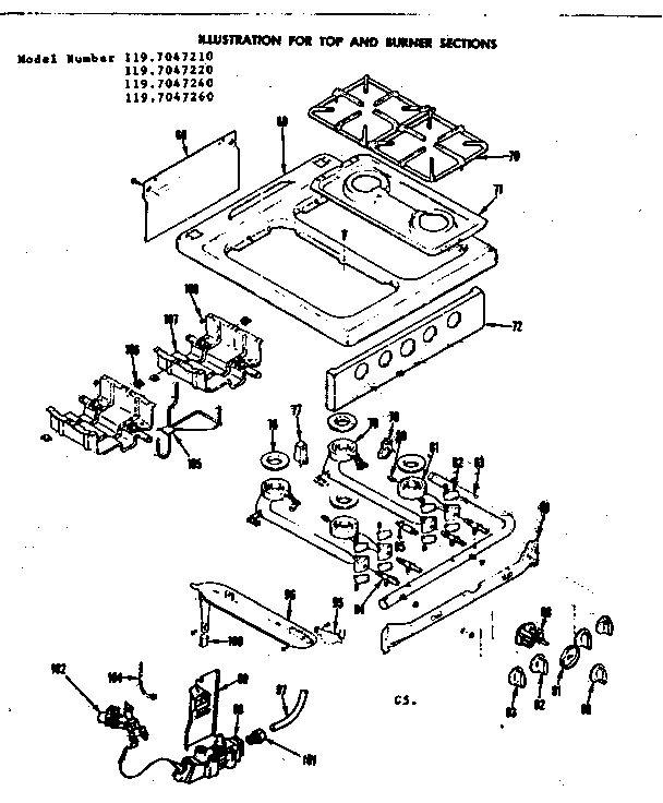 Kenmore 1197047240 top and burner sections diagram