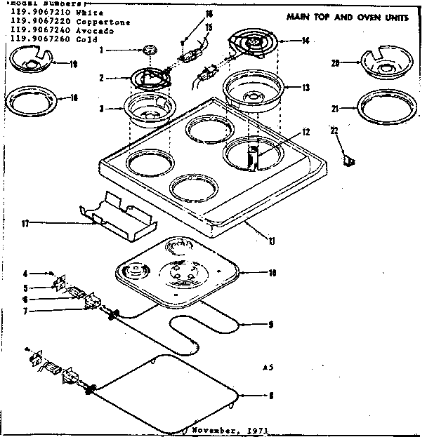 Kenmore 1199067210 main top and oven units diagram