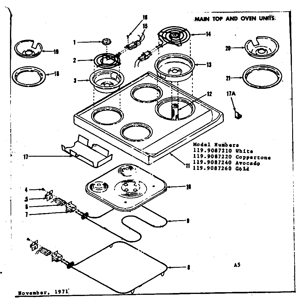 Kenmore 1199087240 main top and oven units diagram