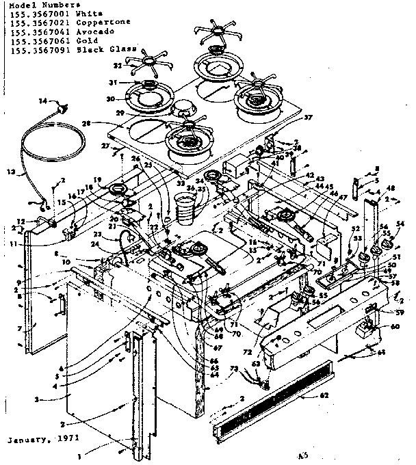 Kenmore 1553567001 top section and outer body diagram