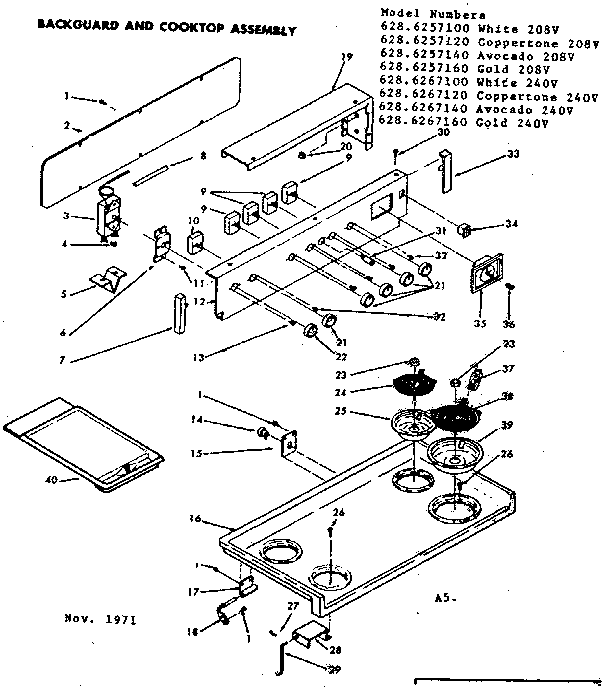 Kenmore 6286267120 backguard and cooktop assembly diagram