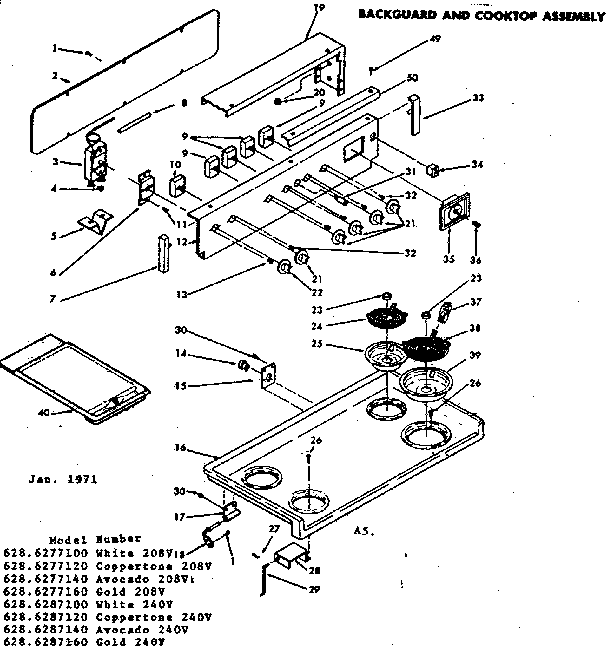 Kenmore 6286287160 backguard and cooktop assembly diagram