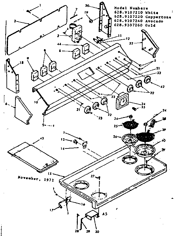 Kenmore 6289107210 backguard and cooktop assembly diagram