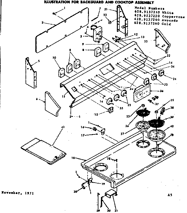 Kenmore 6289137240 backguard and cooktop assembly diagram