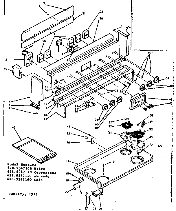 Kenmore 6289347140 backguard and cooktop assembly diagram