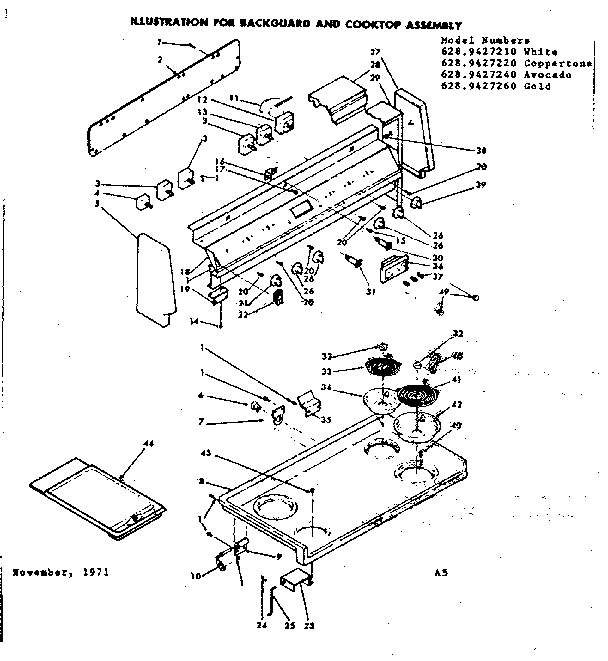 Kenmore 6289427220 backguard and cooktop assembly diagram