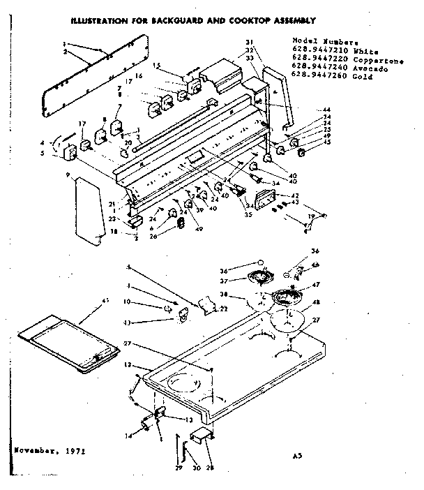 Kenmore 6289447240 backguard and cooktop assembly diagram
