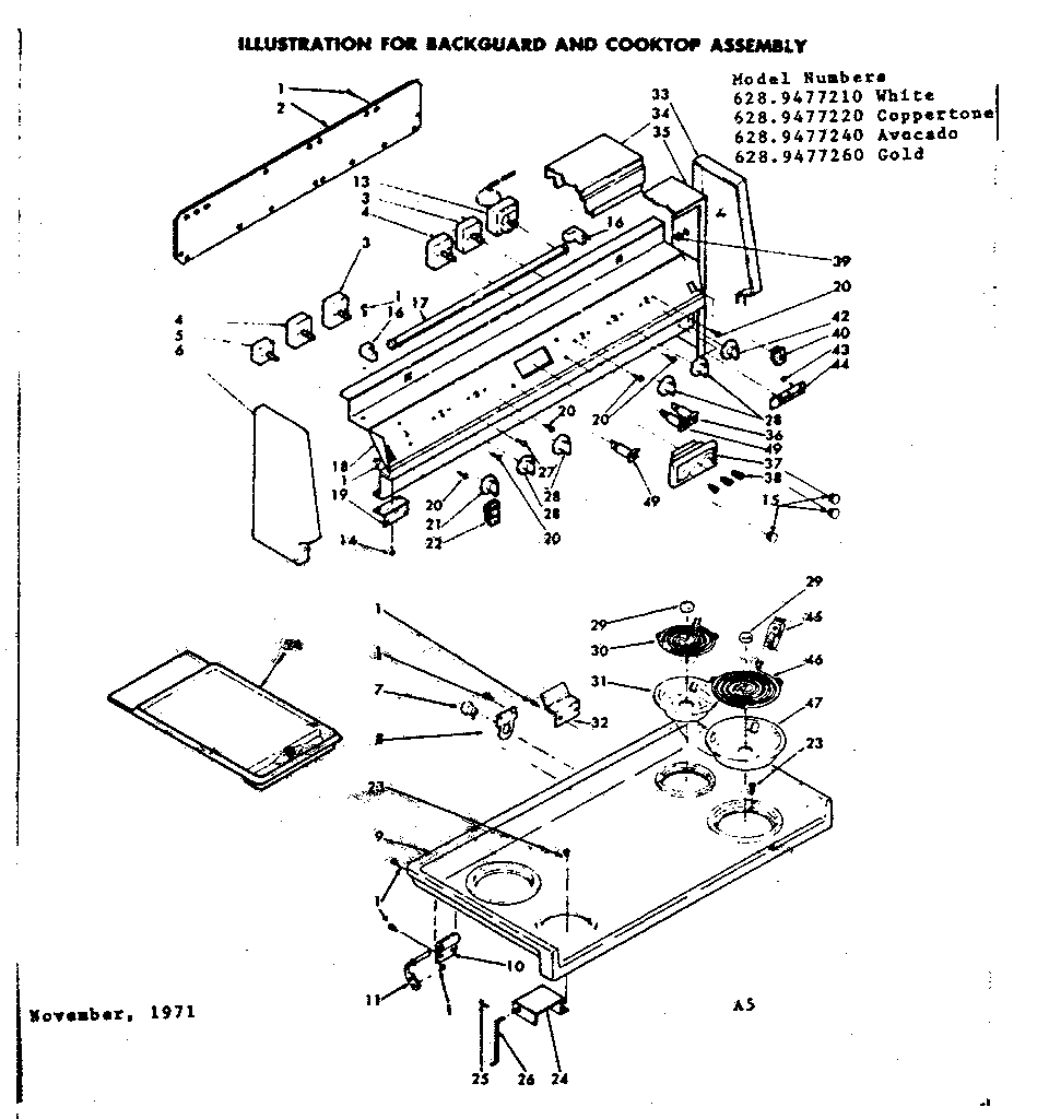 Kenmore 6289477210 backguard and cooktop assembly diagram