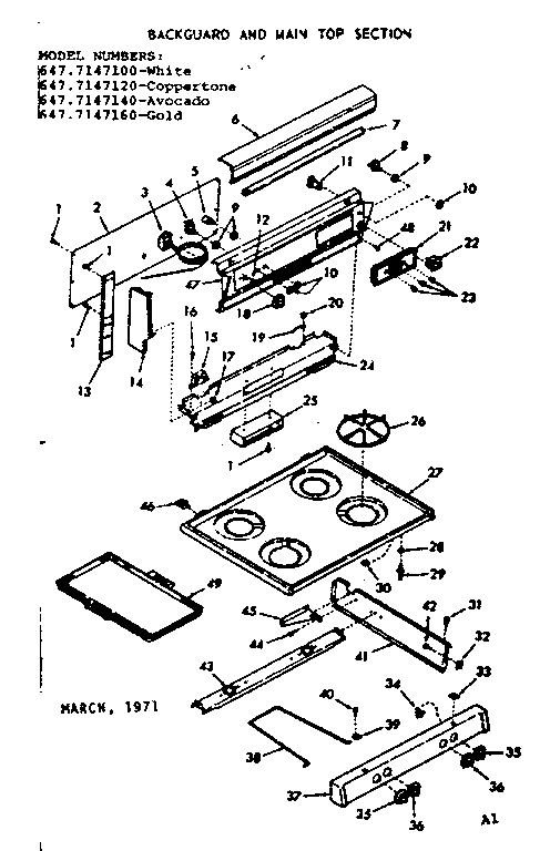 Kenmore 6477147160 backguard and main top section diagram