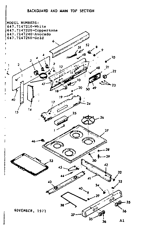 Kenmore 6477147220 backguard and main top section diagram