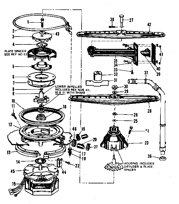 Kenmore 587703002 motor, heater, and spray arm details diagram