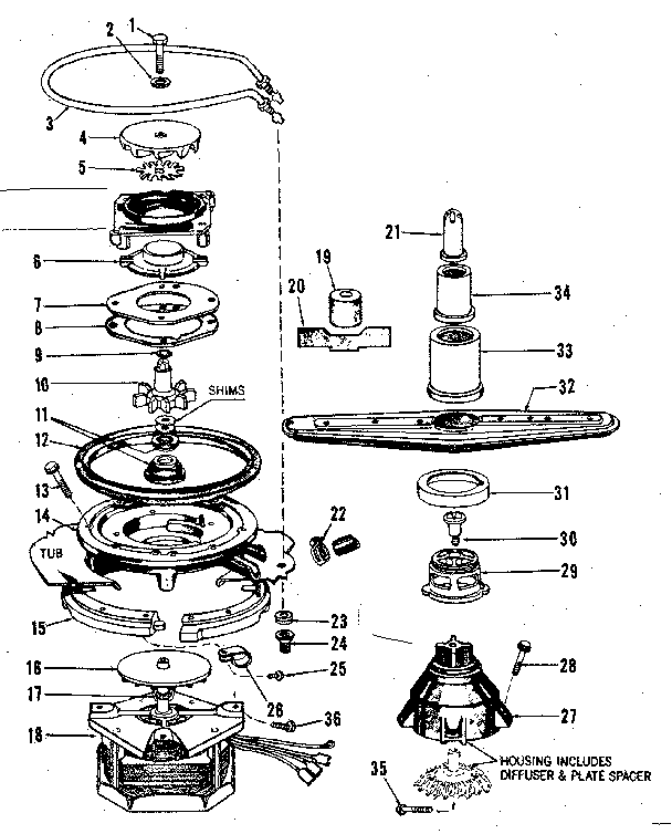 Kenmore 5871446080 motor, heater, and spray arm details diagram