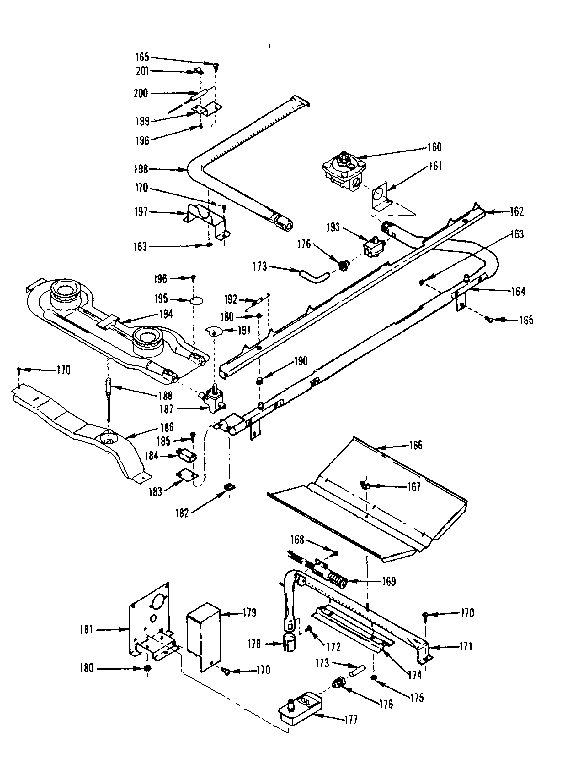 Kenmore 1197478011 oven and top burner section diagram
