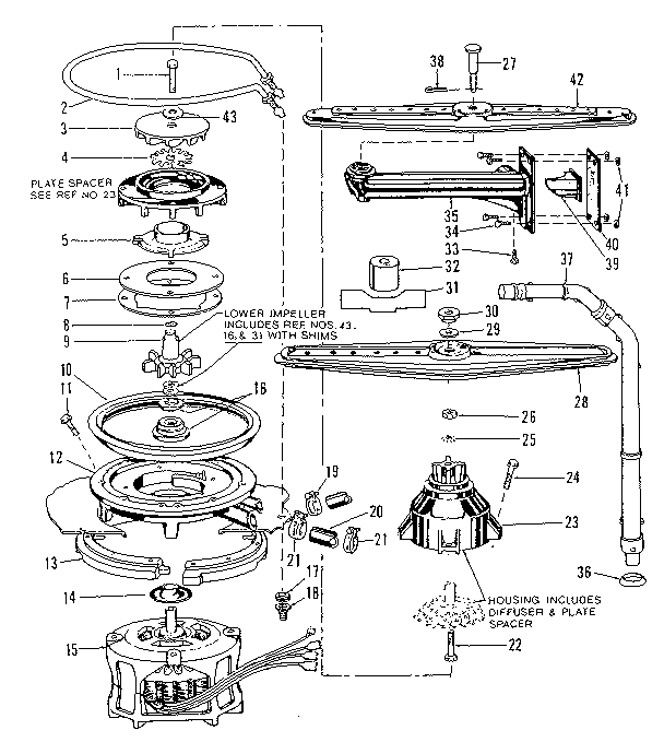 Kenmore 587701801 motor, heater, and spray arm details diagram
