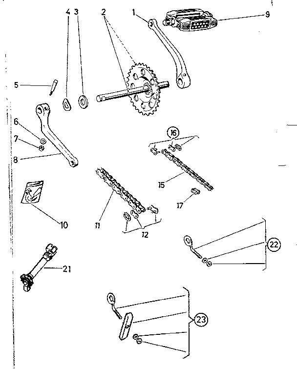 Sears 81780860 pedals, chains, chain tensioner diagram