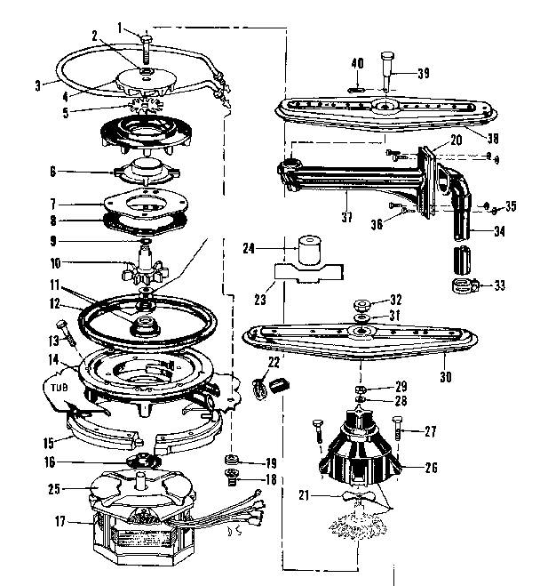 Kenmore 587733200 motor, heater, and spray arm details diagram
