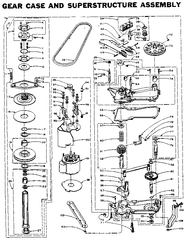 Kenmore 1106115800 gear case and superstructure assembly diagram