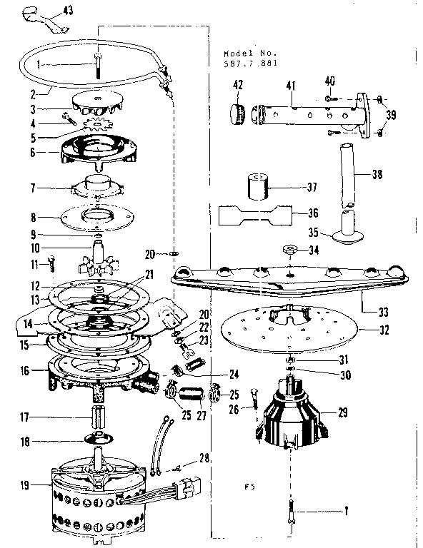 Kenmore 58771881 motor, heater, and spray arm details diagram