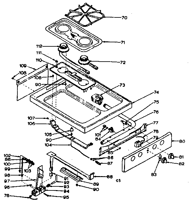 Kenmore 1197027320 top and burner sections diagram
