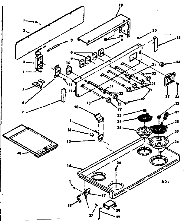 Kenmore 6286267220 backguard and cooktop assembly diagram