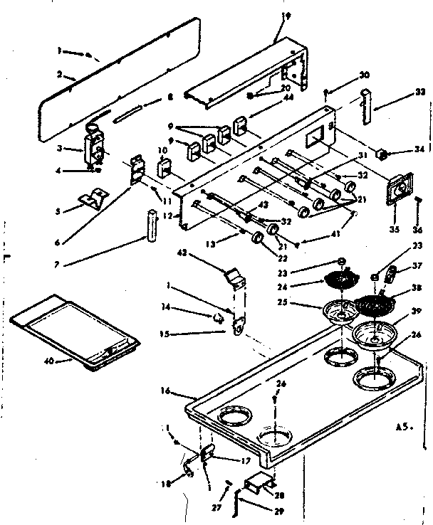 Kenmore 6286367360 backguard and cooktop assembly diagram
