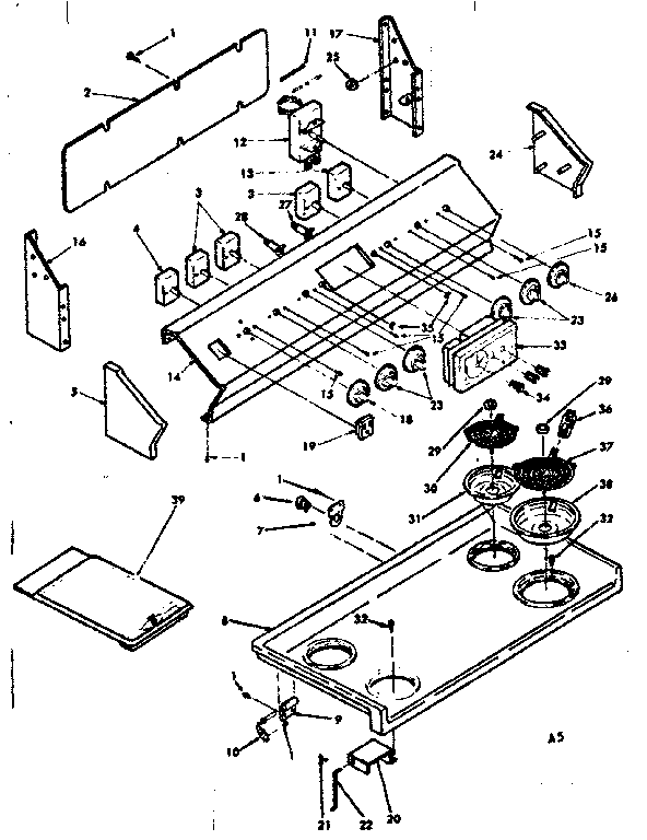 Kenmore 6289407360 backguard and cooktop assembly diagram