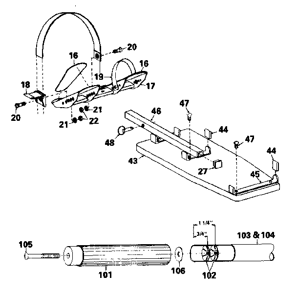 DP 16-0500 handlebar, foot strap, and bench assemblies diagram