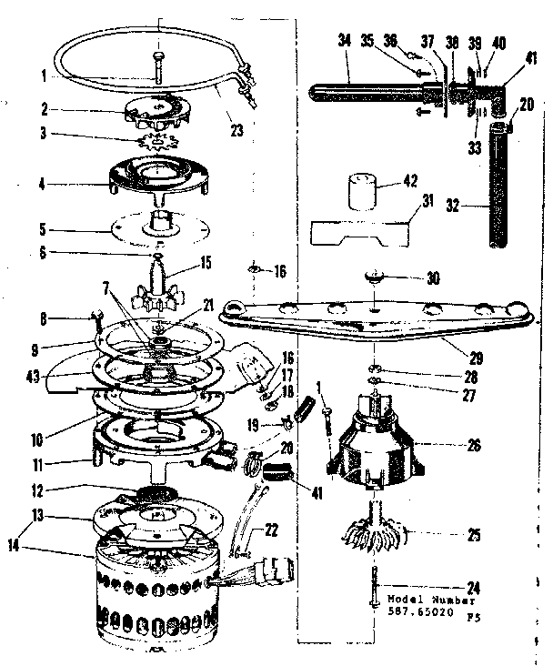 Kenmore 58765020 motor, heater and spray arm details diagram