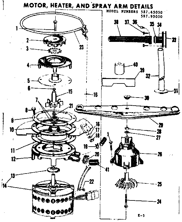 Kenmore 58765050 motor, heater and spray arm details diagram