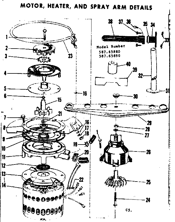 Kenmore 58765880 motor, heater and spray arm details diagram
