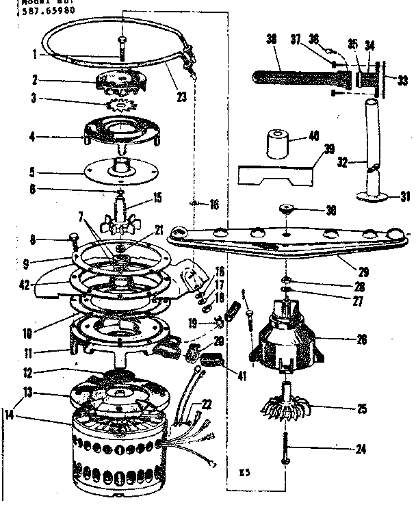 Kenmore 58765980 motor, heater, and spray arm details diagram
