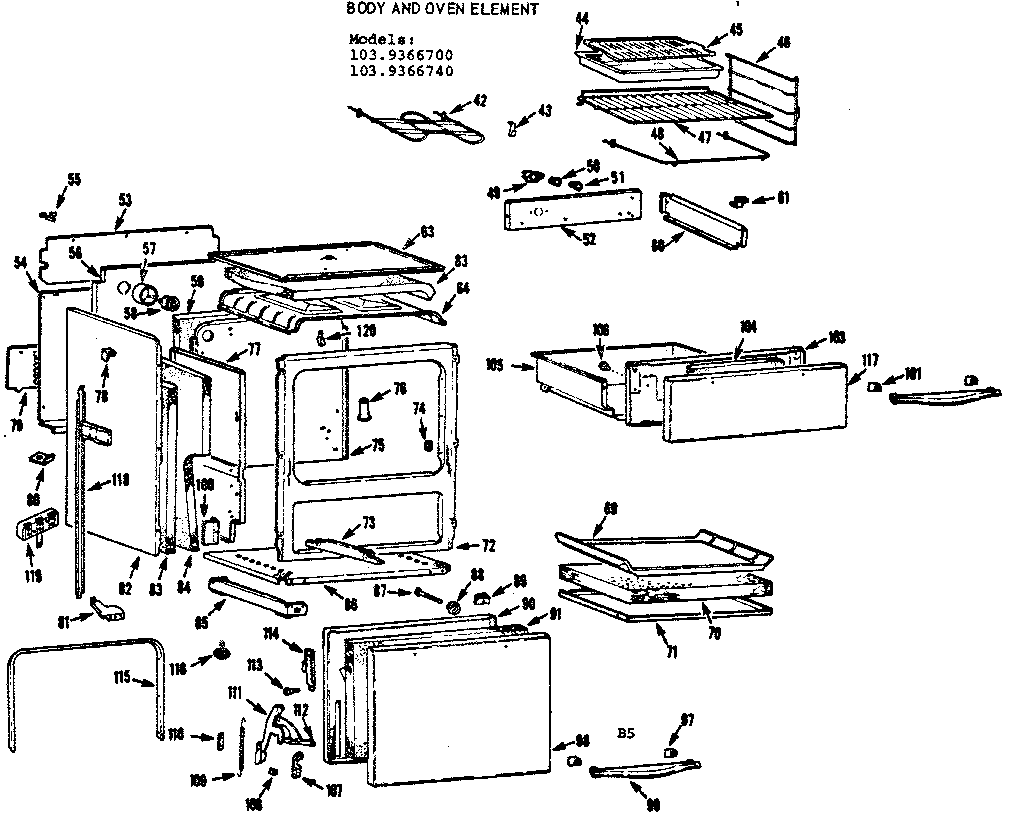 Kenmore 1039366740 body and oven element diagram