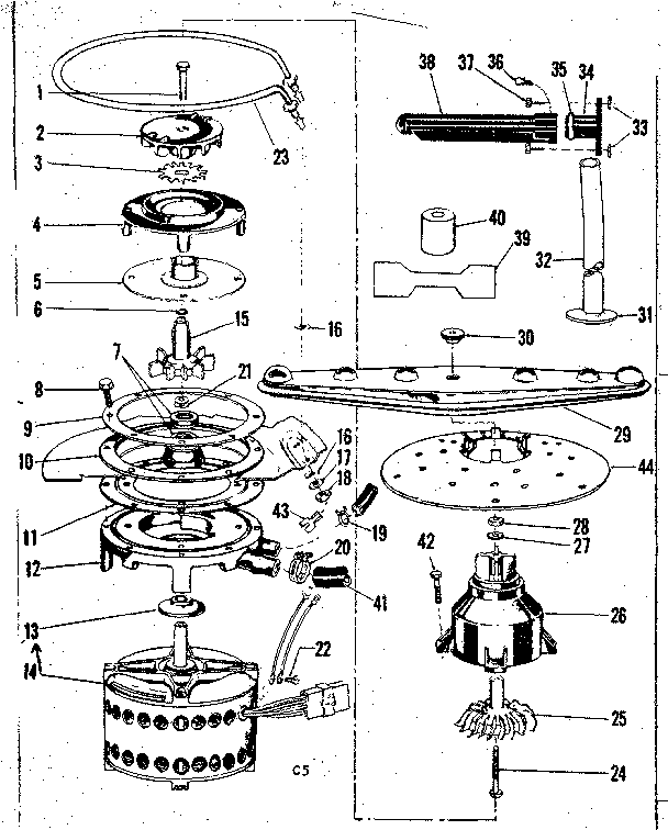 Kenmore 58771360 motor, heater, and spray arm details diagram