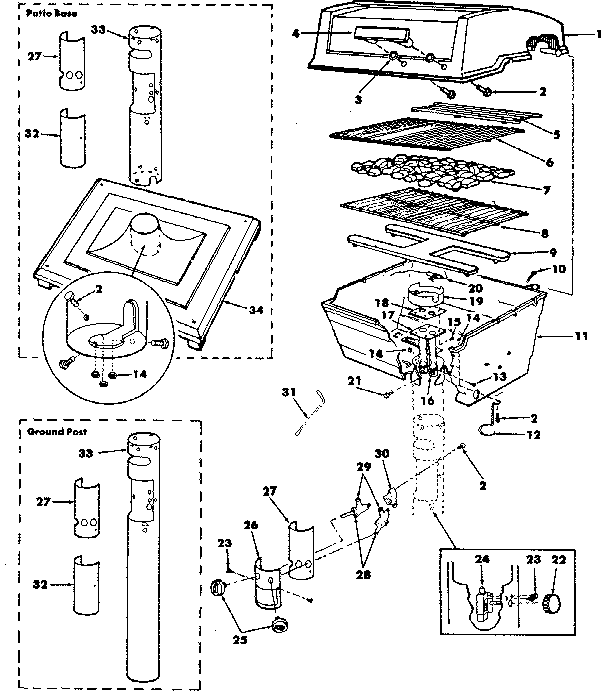 Kenmore 2582353081 grill, burner section, ground post & patio base diagram
