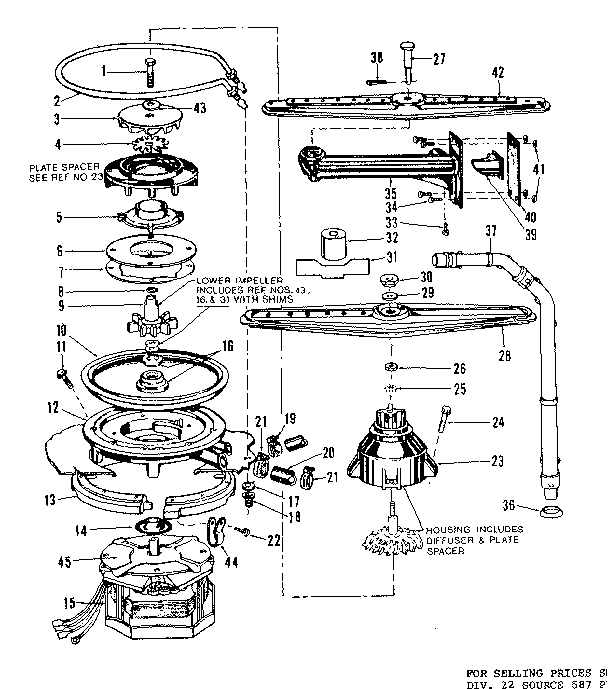Kenmore 587736210 motor, heater, and spray arm diagram