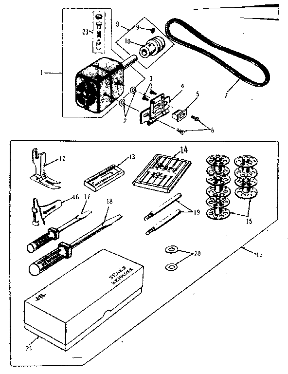 Kenmore 15813033 motor and attachment parts diagram