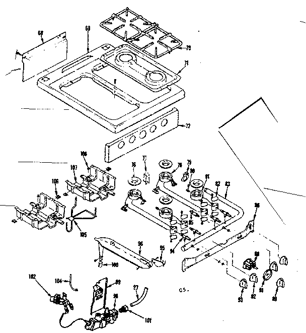 Kenmore 1197047140 top and burner sections diagram