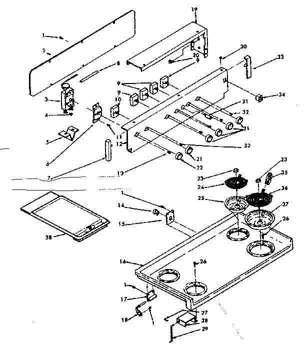 Kenmore 6286227120 backguard and cooktop assembly diagram