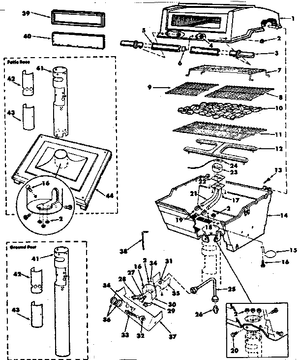 Kenmore 2582383081 grill, burner section, ground post & patio base diagram